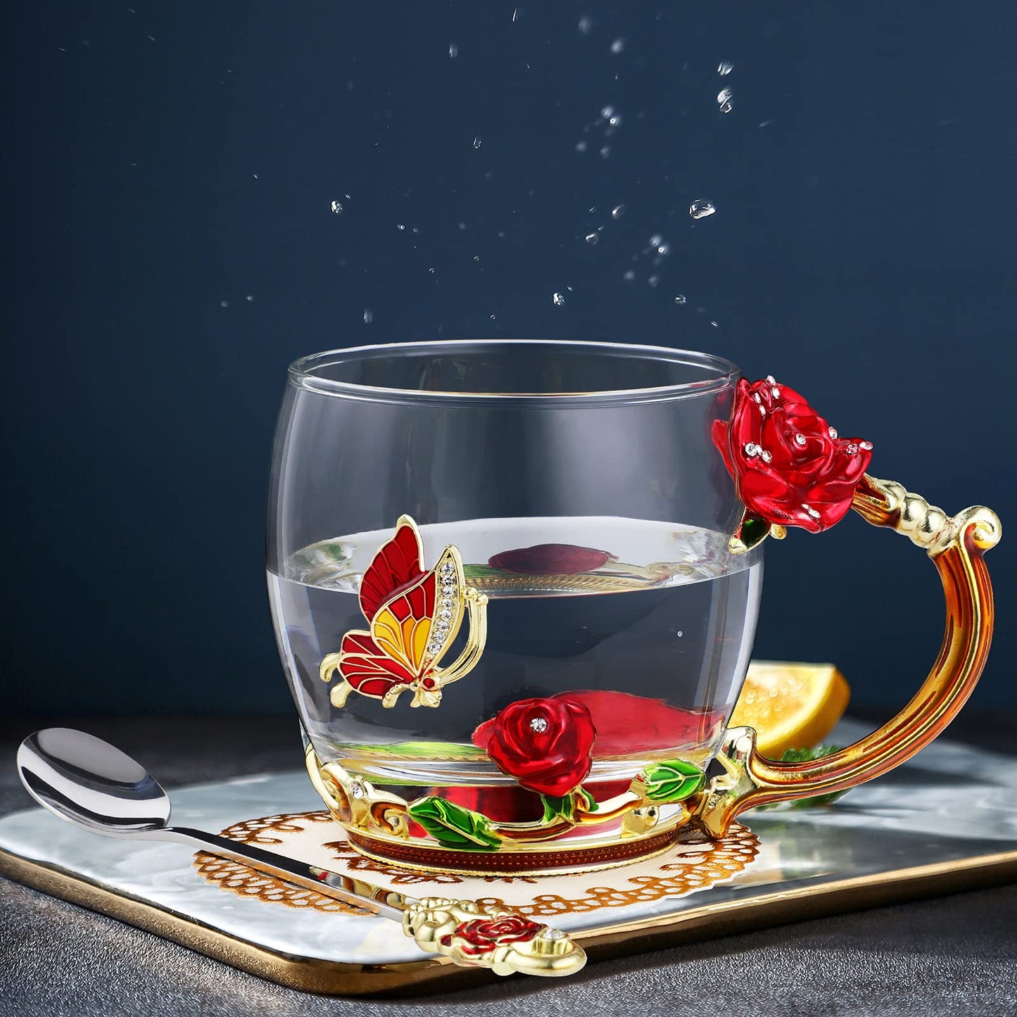 WD&CD Rose Butterfly Glass Tea Coffee Cups Mugs with Spoon and Coaster, Gifts for Her Girlfriend Wife Mum Women on Valentine's Day Mother's Day Christmas, Red Short