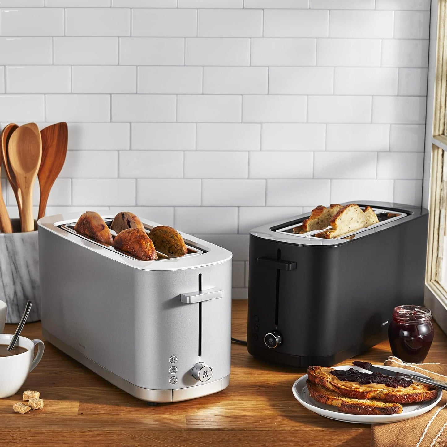 ZWILLING Enfinigy 4-Slice Long Slot Toaster - Extra Wide 1.5" Slots for Bagels & Toast | Silver Finish