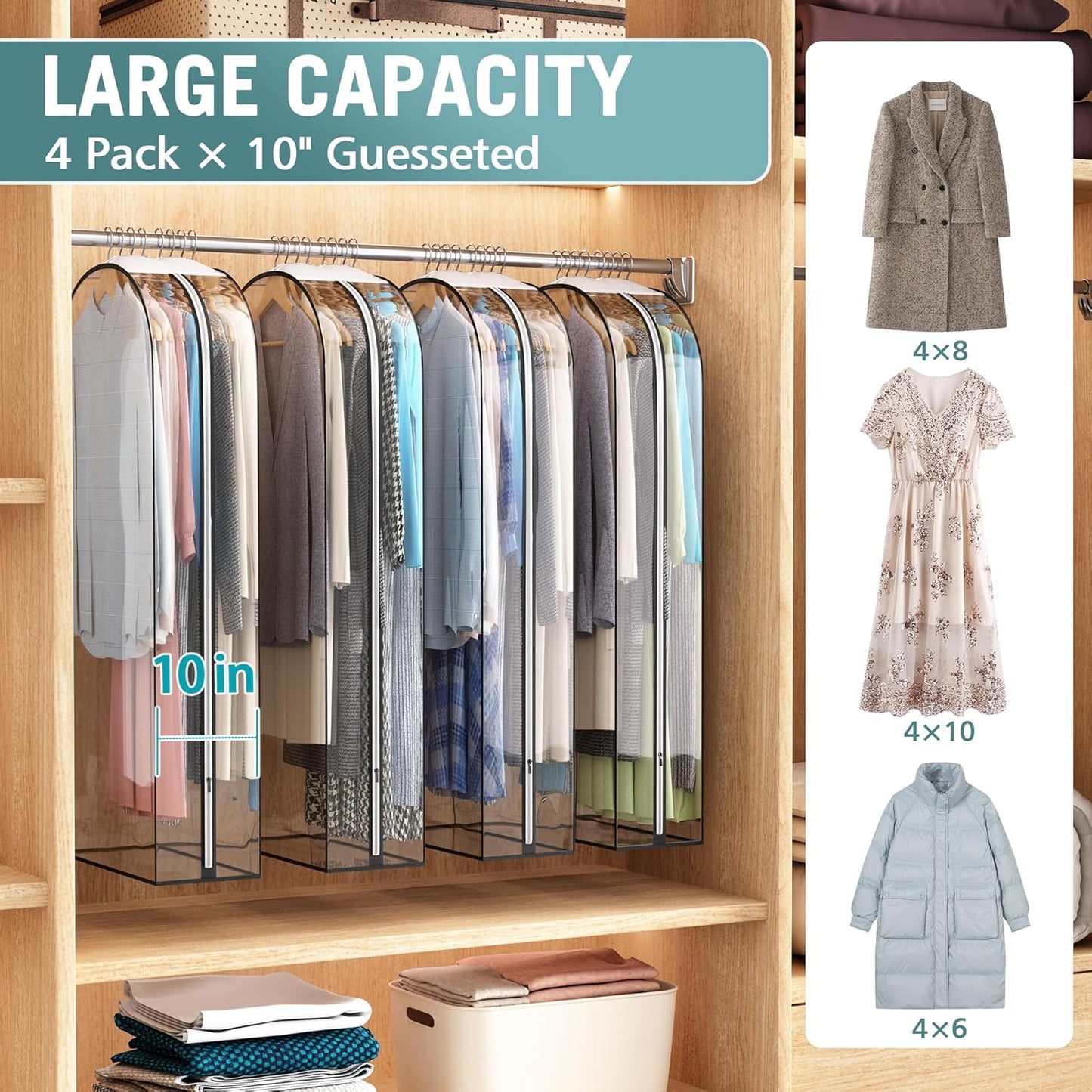 Liuoud Clear Garment Bag - 50” Gusseted Suit Bags for Hanging Clothes | 4 Pack Wardrobe Protectors
