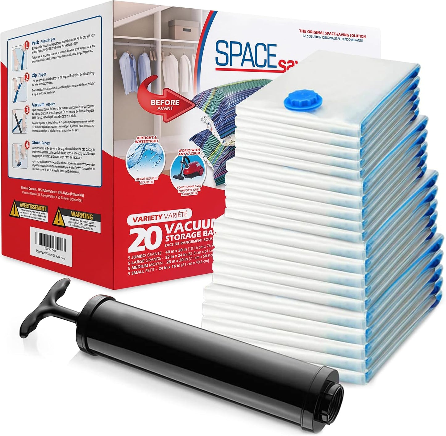 Skiennix Vacuum Storage Bags - 20-Pack Variety for Comforters, Blankets & Clothes | Space-Saving Compression Bags with Hand Pump (5S, 5M, 5L & 5XL)