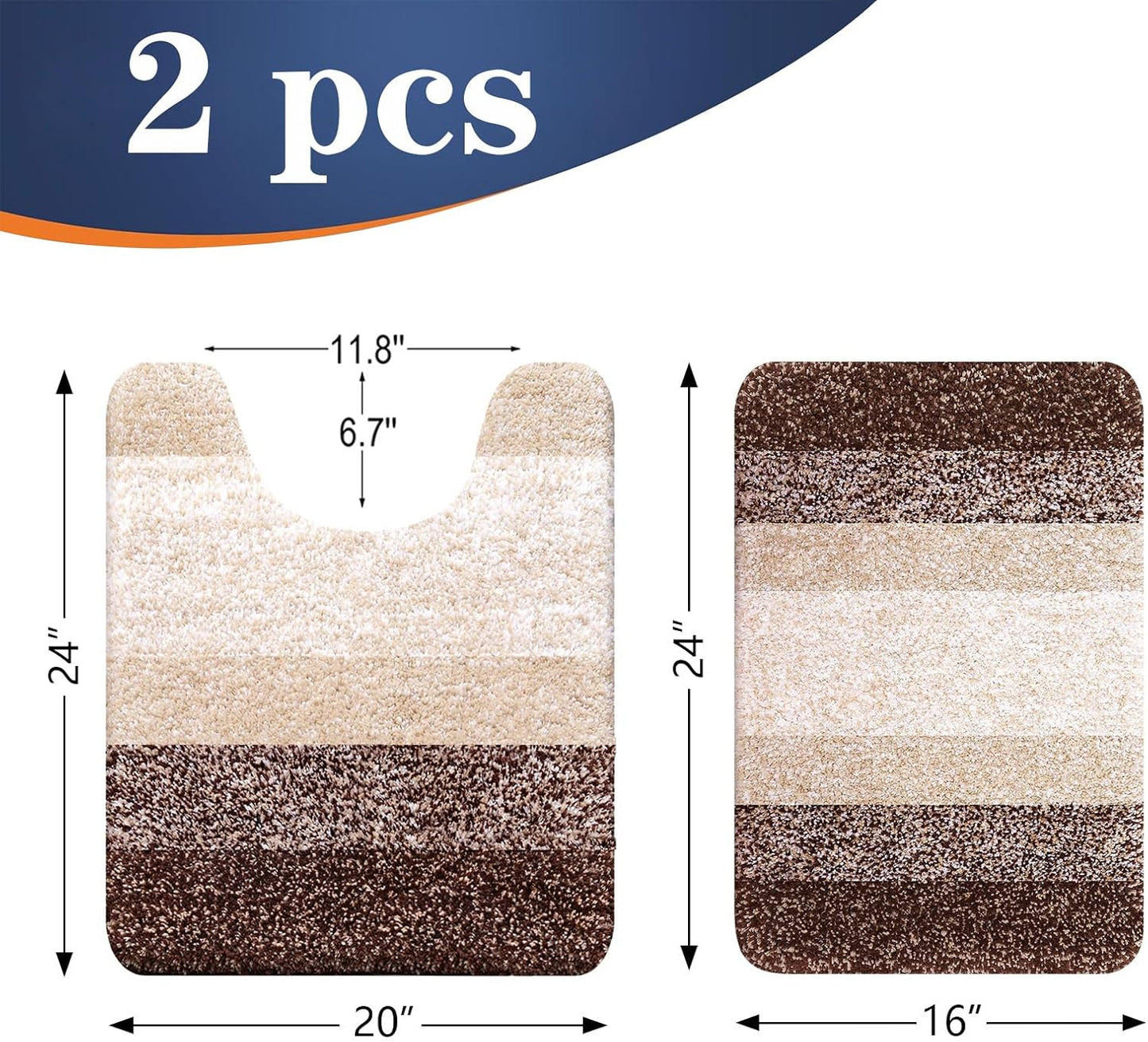 OLANLY Bathroom Rug Set - Soft Absorbent Microfiber Mats & U-Shaped Contour Rug | Non-Slip, Plush Shaggy, Brown (24"x16" + 24"x20")
