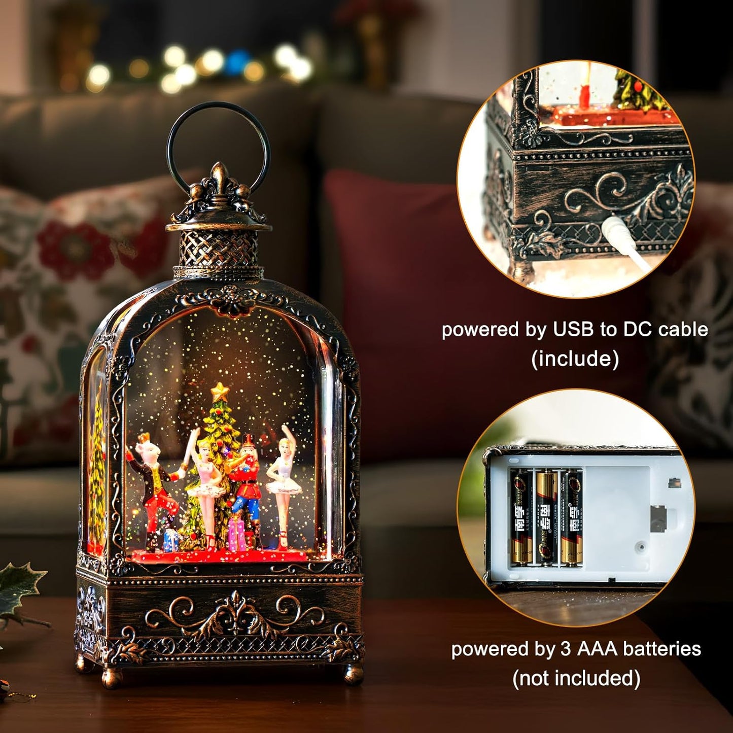 Nutcracker Christmas Snow Globe Lantern - Musical Soldier Scene | 6H Timer, USB/Battery Operated