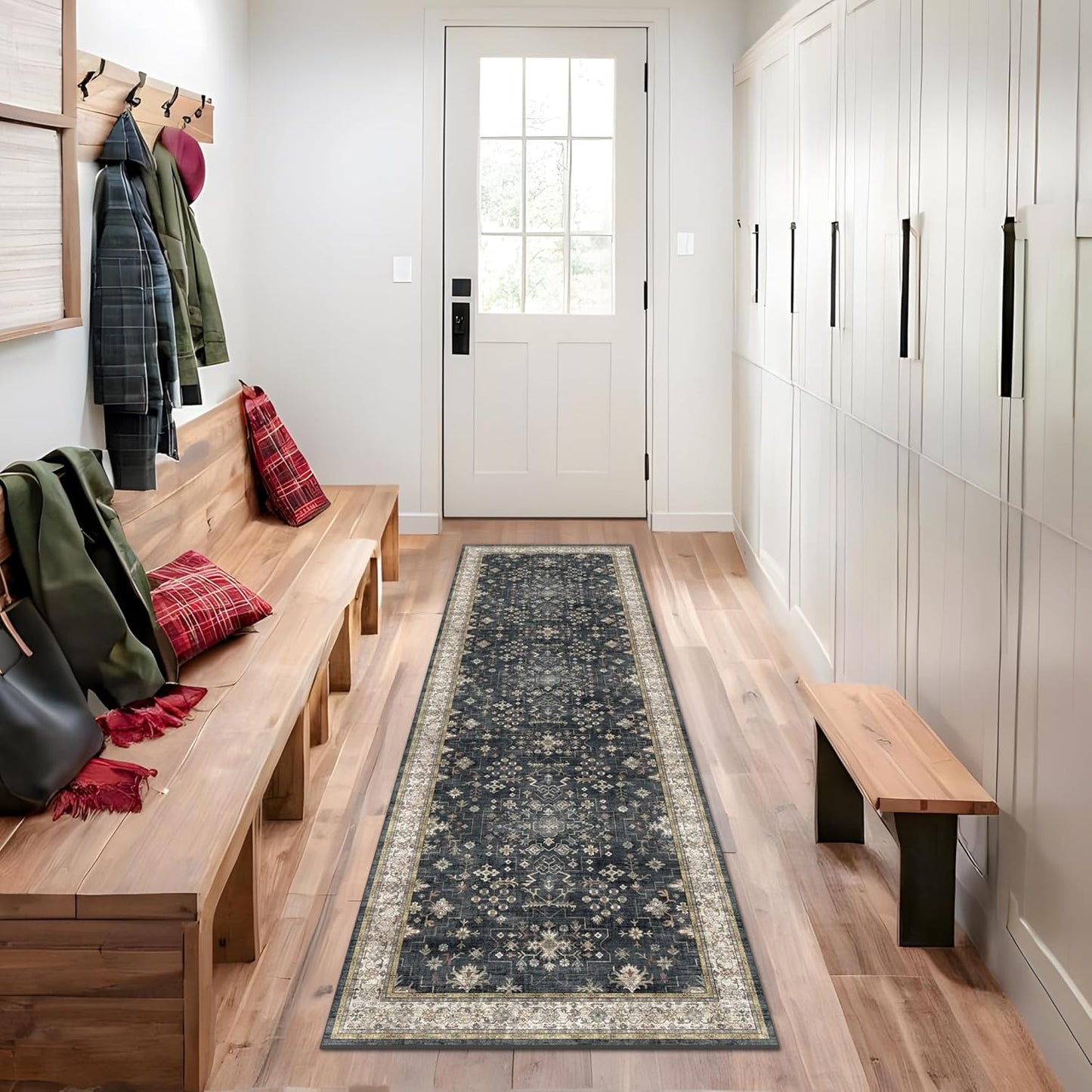 Regine Switzerland Black 2x7 Long Runner Rug - Non-Slip, Washable, Boho Vintage Floral Design