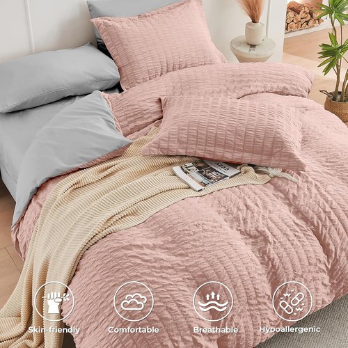 HYMOKEGE Queen Comforter Set - Luxury 7-Piece Seersucker Bedding in Rose Gold & Light Grey