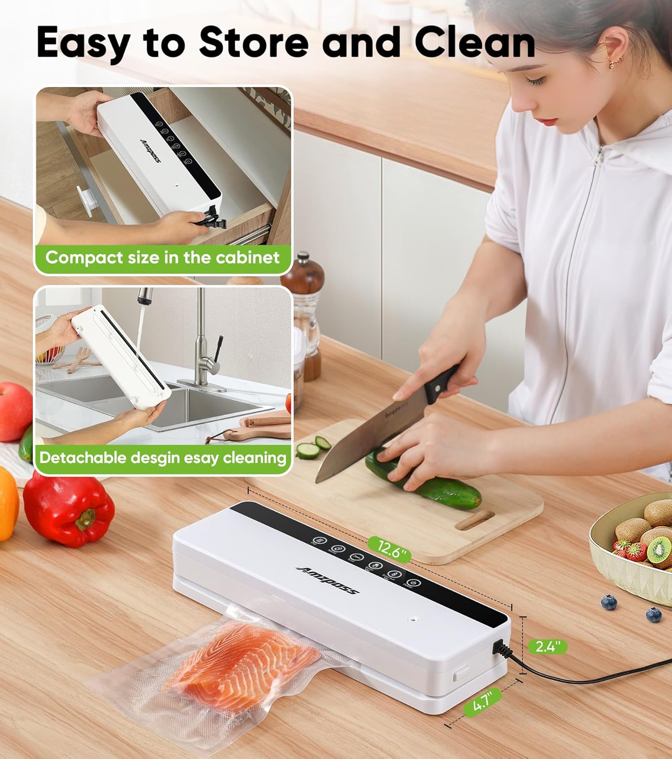 Skiennix Vacuum Sealer - 6-in-1 Food Preservation Machine with 80kPa Suction Power | Compact Design, 10 Bags Included, White
