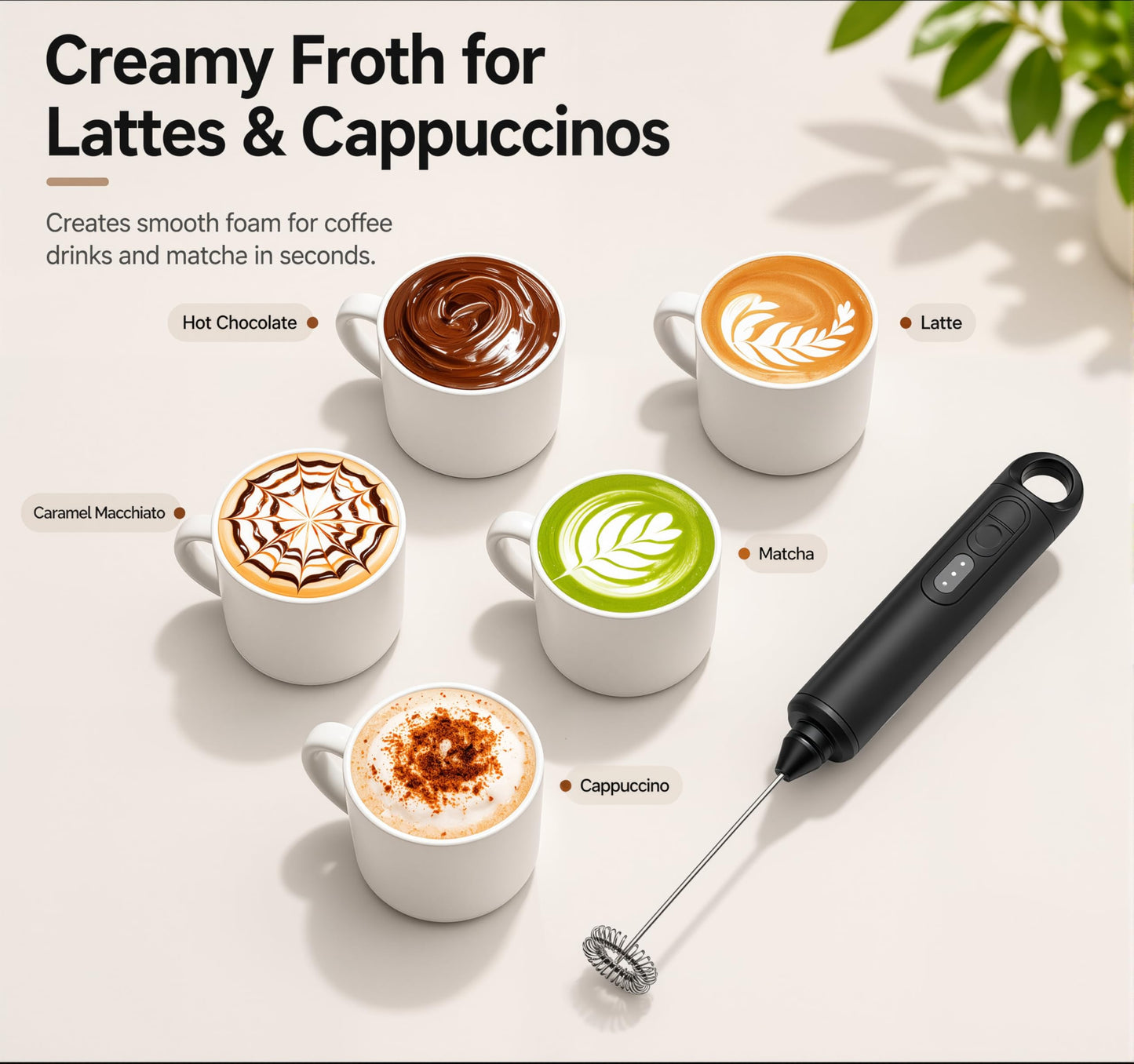 Rechargeable Milk Frother Handheld 3 Speed Coffee Foamer [3 Whisk] Electric Drink Mixer for Latte, Cappuccino, Coffee, Eggs, Hot Chocolate, Protein Black