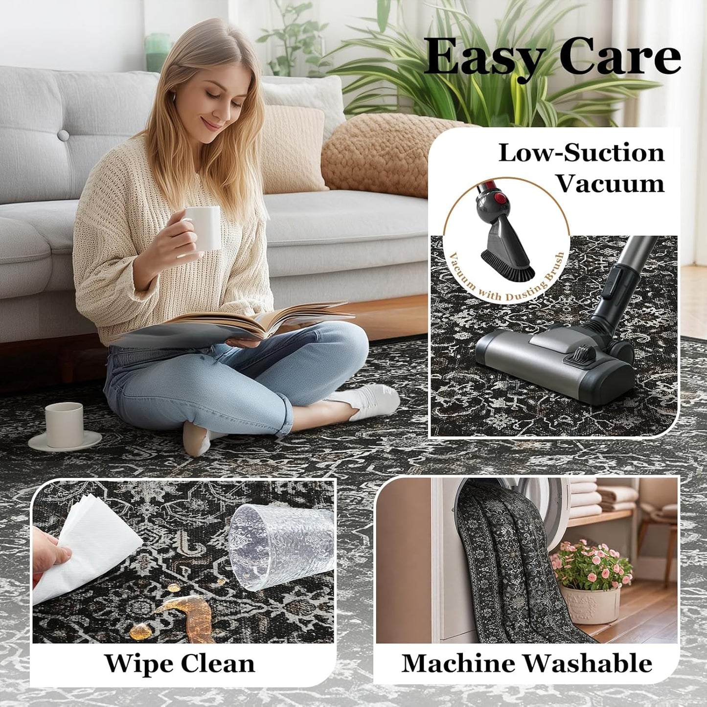 Skiennix 5x7 Area Rug - Vintage Farmhouse Design | Washable, Non-Slip, Soft Carpet in Earth Tones