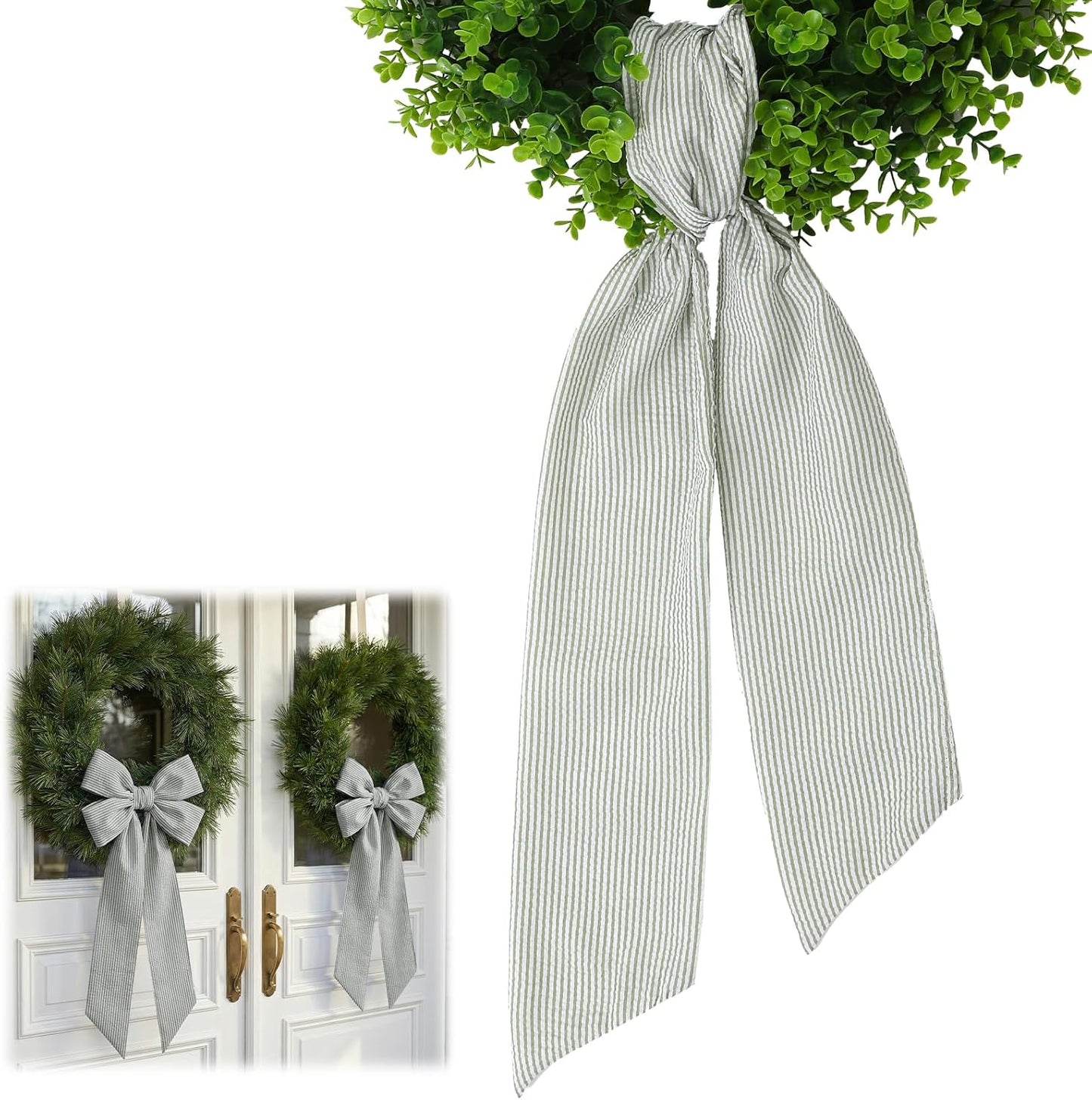 Skiennix Wreath Sash - Holiday Stripes Ribbon for Front Door | 5.1'' W x 59'' L, Green Striped Decor