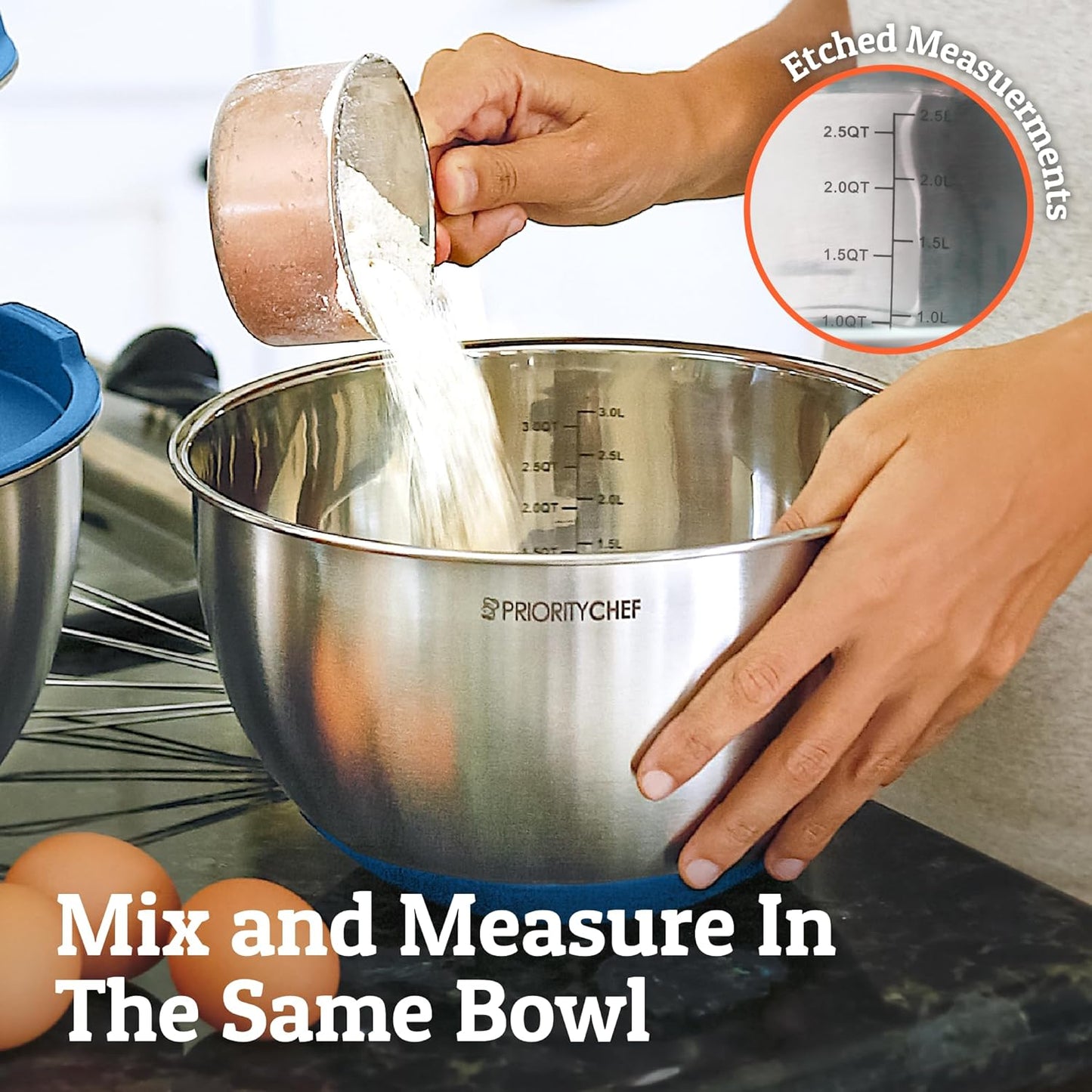 Priority Chef Premium Mixing Bowls - Airtight Lids Set, Durable Stainless Steel, Nesting Design | 1.5-5 Qt, Blue