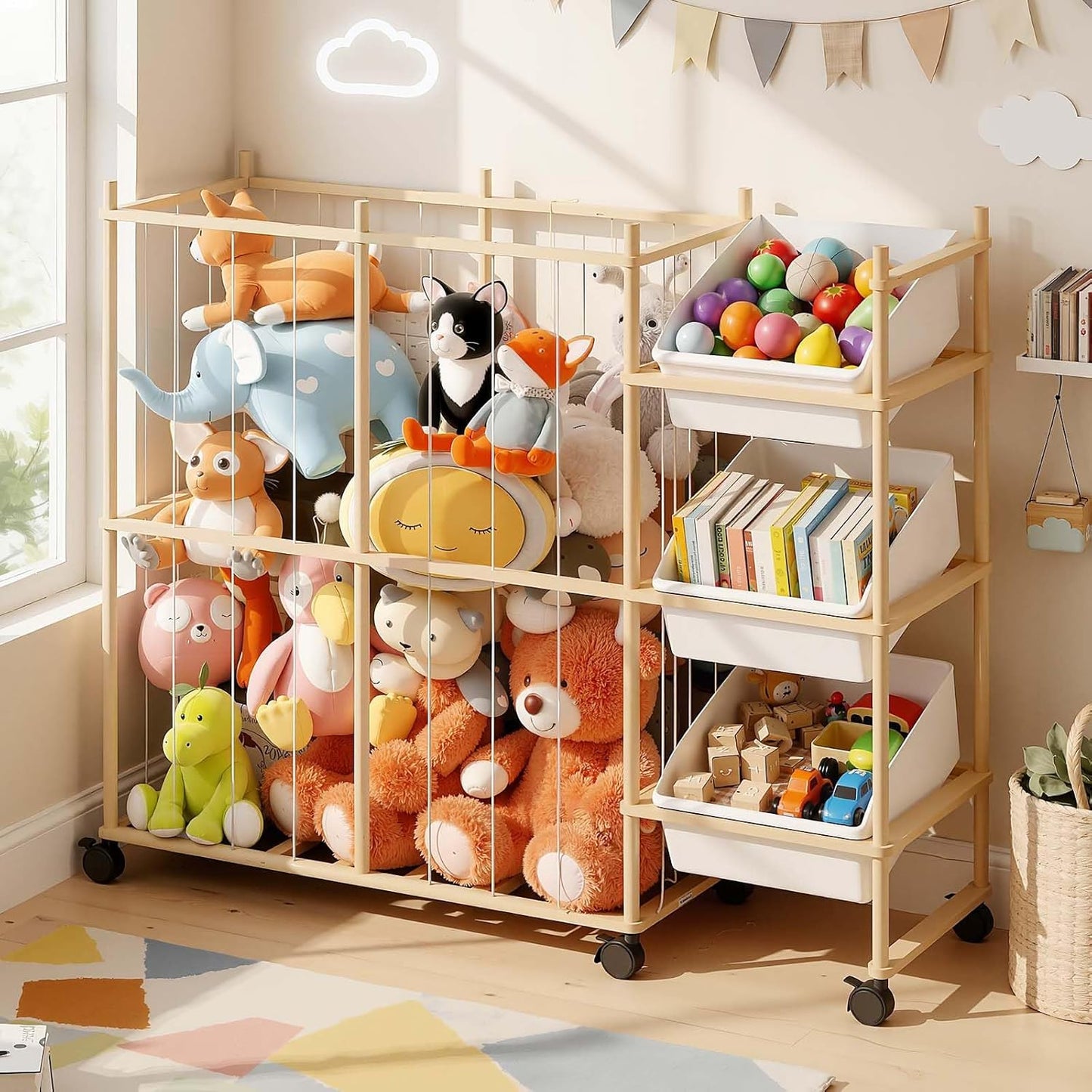 Sevenblue Toy Storage Organizer - 3 Removable Bins for Kids | Stylish Wood & White Design for Playroom