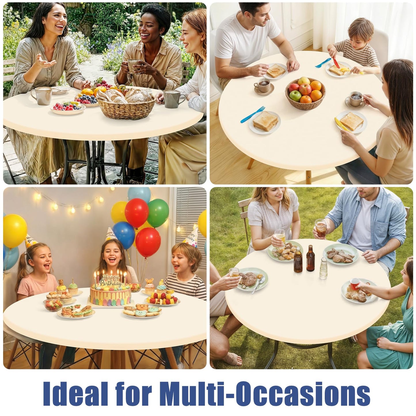 Moosfor Round Spandex Tablecloth, Elastic Fitted Waterproof Tablecloths for 42"-50" Tables, Stretch Washable Picnic Table Cover for Camping, Dining, Indoor and Outdoor, Beige