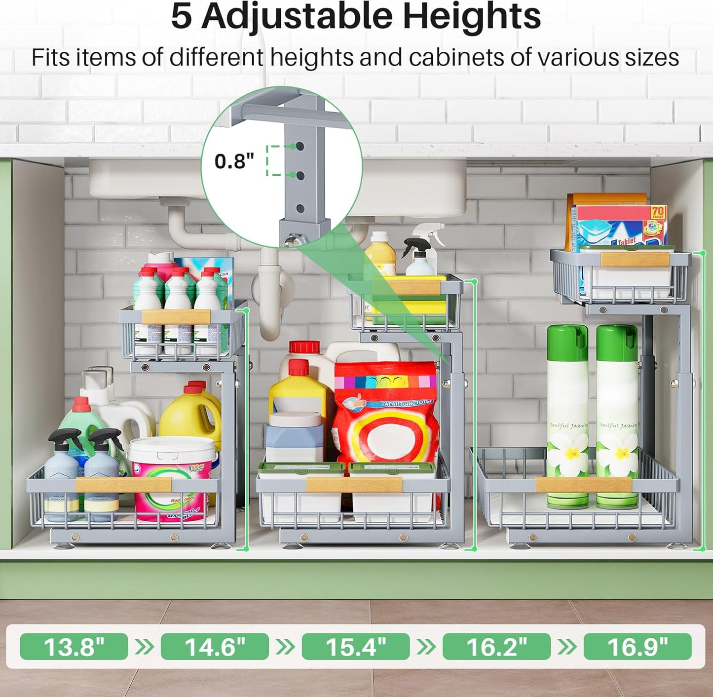Kitstorack Under Sink Organizer - 2-Tier Metal Storage Rack with Pull-Out Drawers | Grey, 2 Pack