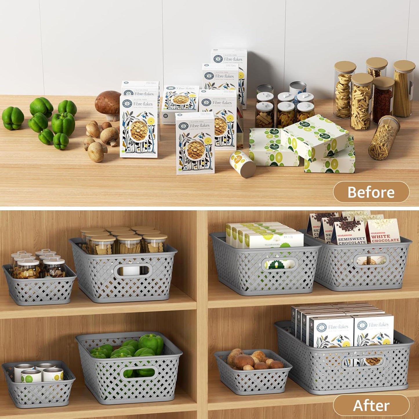 MaxGear Plastic Bins Organizer - 3 Pack Woven Storage Baskets with Handles | Large Grey Bins for Home & Office