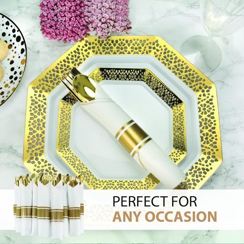 240 Pieces Pre Rolled Cutlery And Napkins Set with Heavy Duty Full Size Polished Gold Cutlery, 60 Forks, 60 Knives, 60 Spoons, In Rolled Napkins, for Weddings, Parties And Events