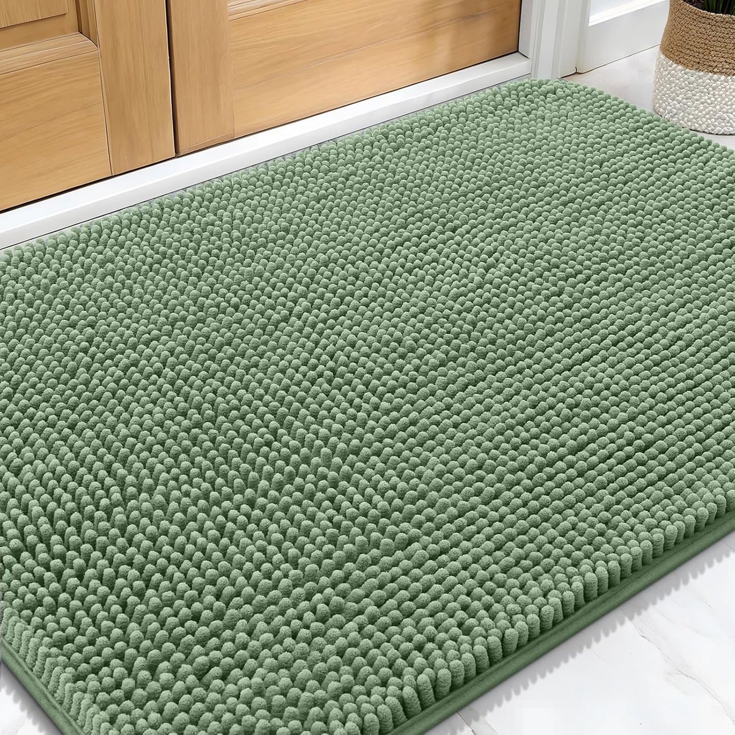 OLANLY Dog Door Mat - Absorbent Non-Slip Muddy Paws Mat | Quick Dry Chenille 34x21, Olive Green