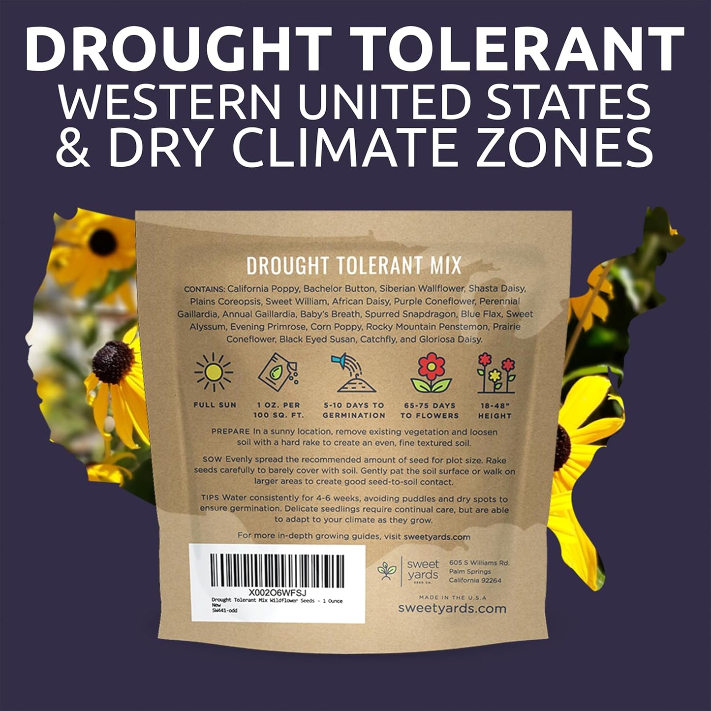 Wildflower Seed Mix by Drought Tolerant - Extra Large Packet with 7,500 Non-GMO Seeds - 21 Dryland Species