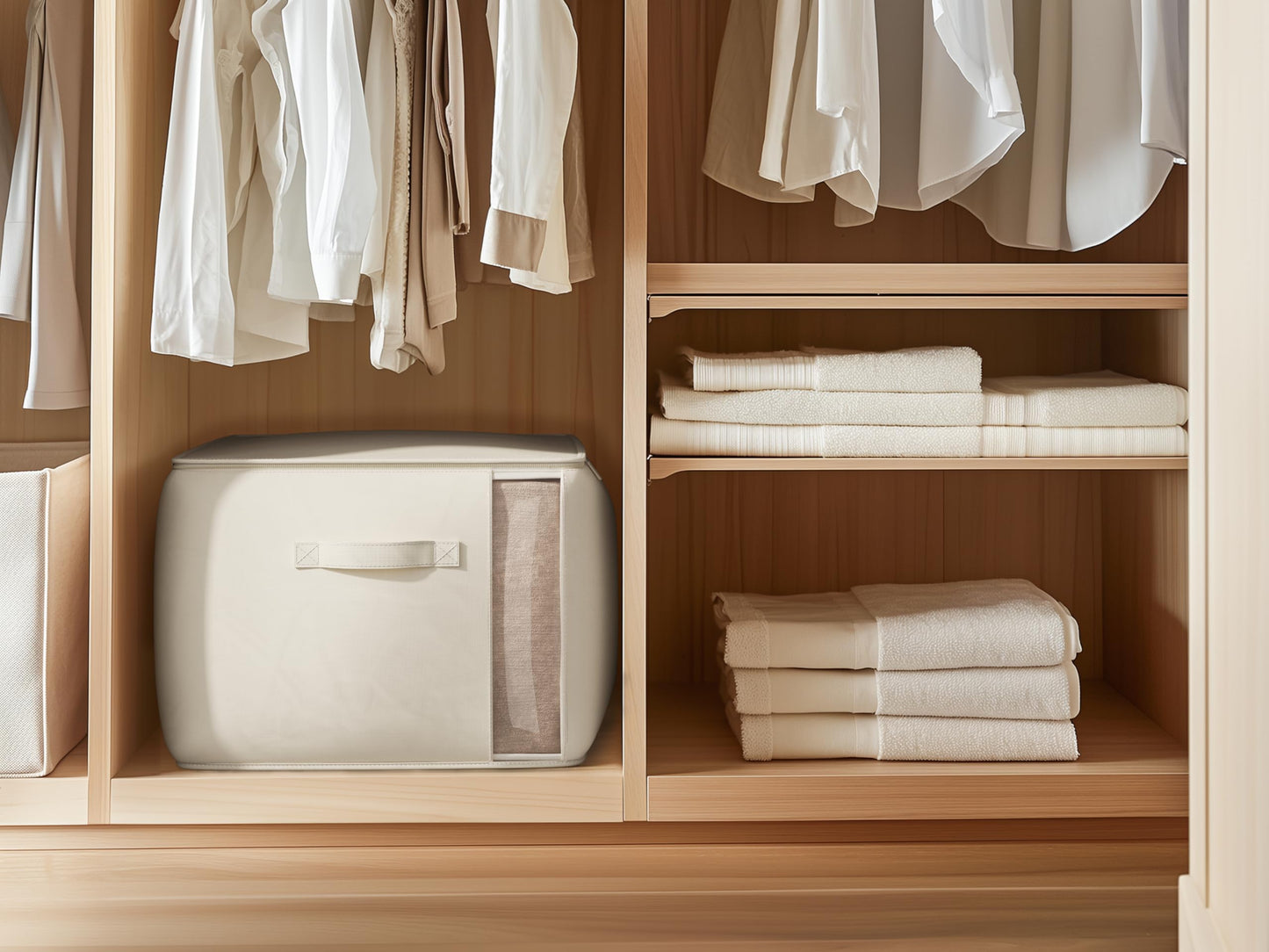 TomVista Large Canvas Clothes Storage Bags with Thick Handles and Clear Window, Foldable Cotton Linen Underbed Closet Organizer for Clothing, Blankets and Bedding, 60L, 6 Pack, Beige