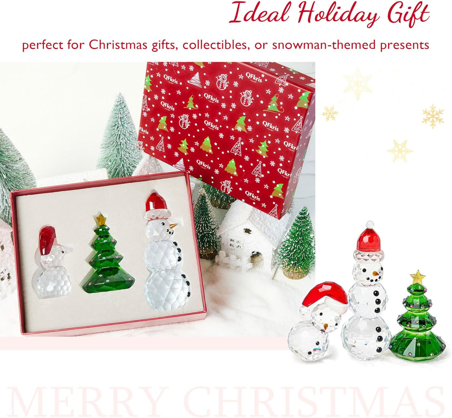 QFkris Crystal Snowman and Tree Figurines Set - Elegant Glass Christmas Decor | Small Tabletop Paperweights