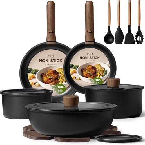 CAROTE 19-Piece Non-Stick Cookware Set - Detachable Handle, Induction Compatible, Oven Safe, Space Saving
