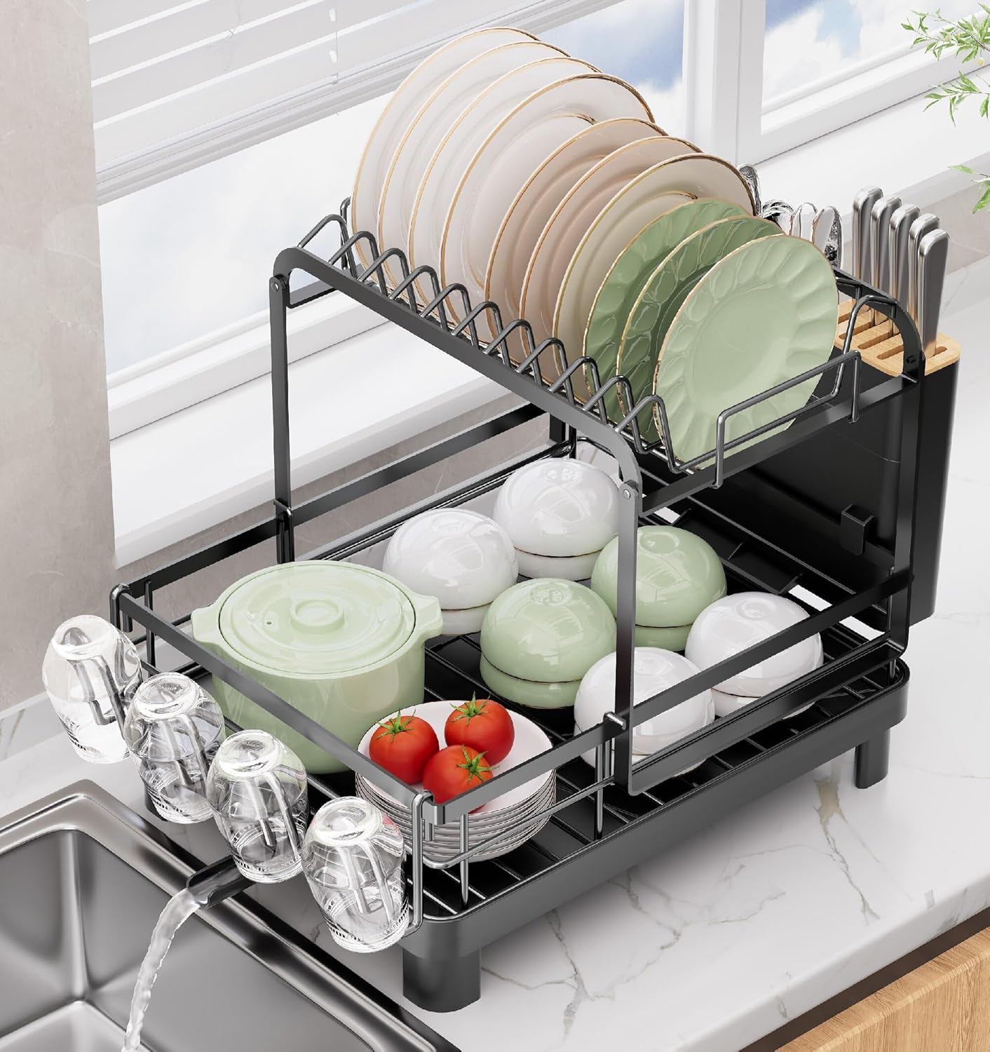 Runnatal 2-Tier Dish Drying Rack - Large Capacity Anti-Rust Dish Drainer Set | Black Over The Sink Design