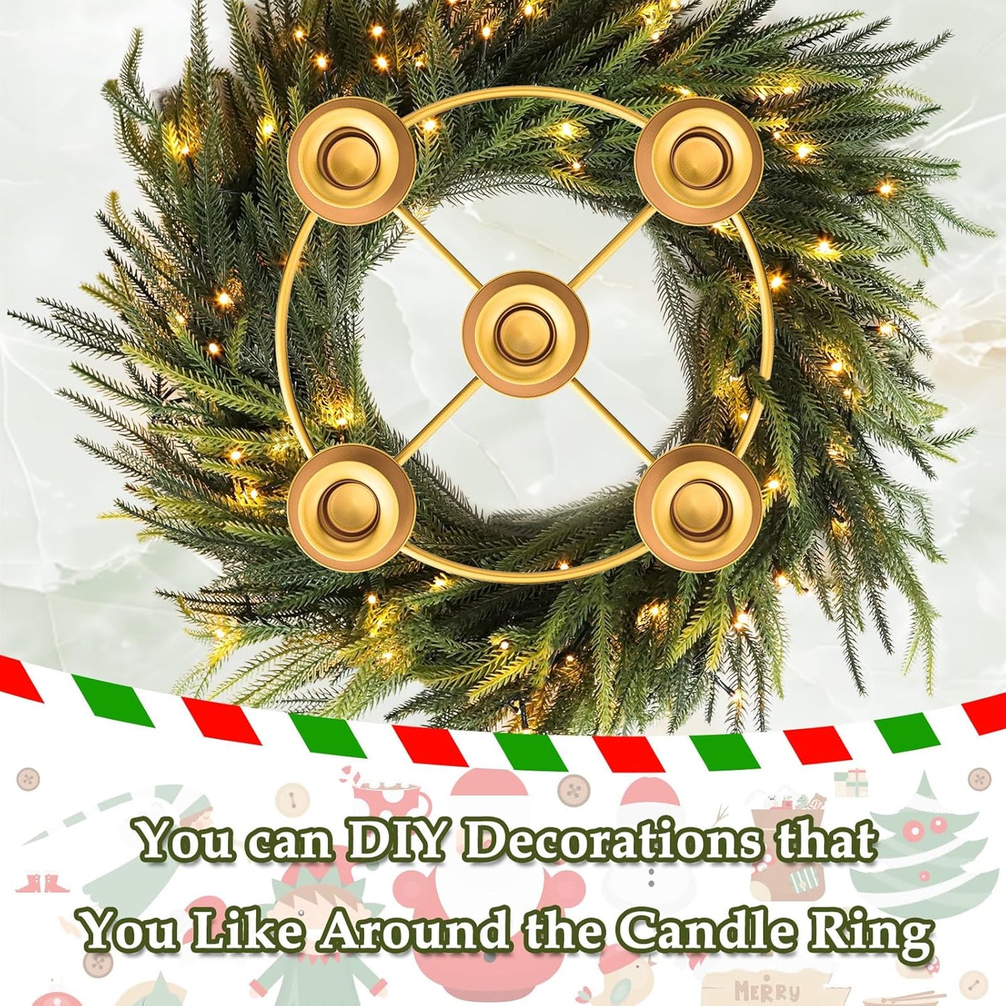 Advent Wreath | 5-Candle Holder with Decorative Rings for Tapered Candles - Gold Finish