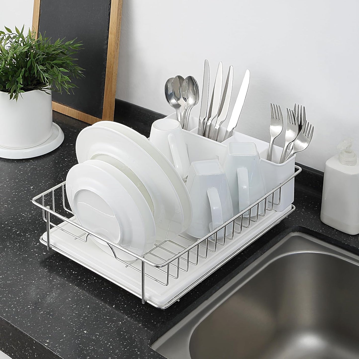SunnyPoint 304 Stainless Steel Dish Drying Rack - Rust Resistant with Diatomaceous Earth Drainboard & Utensil Caddy | Silvery-Grey