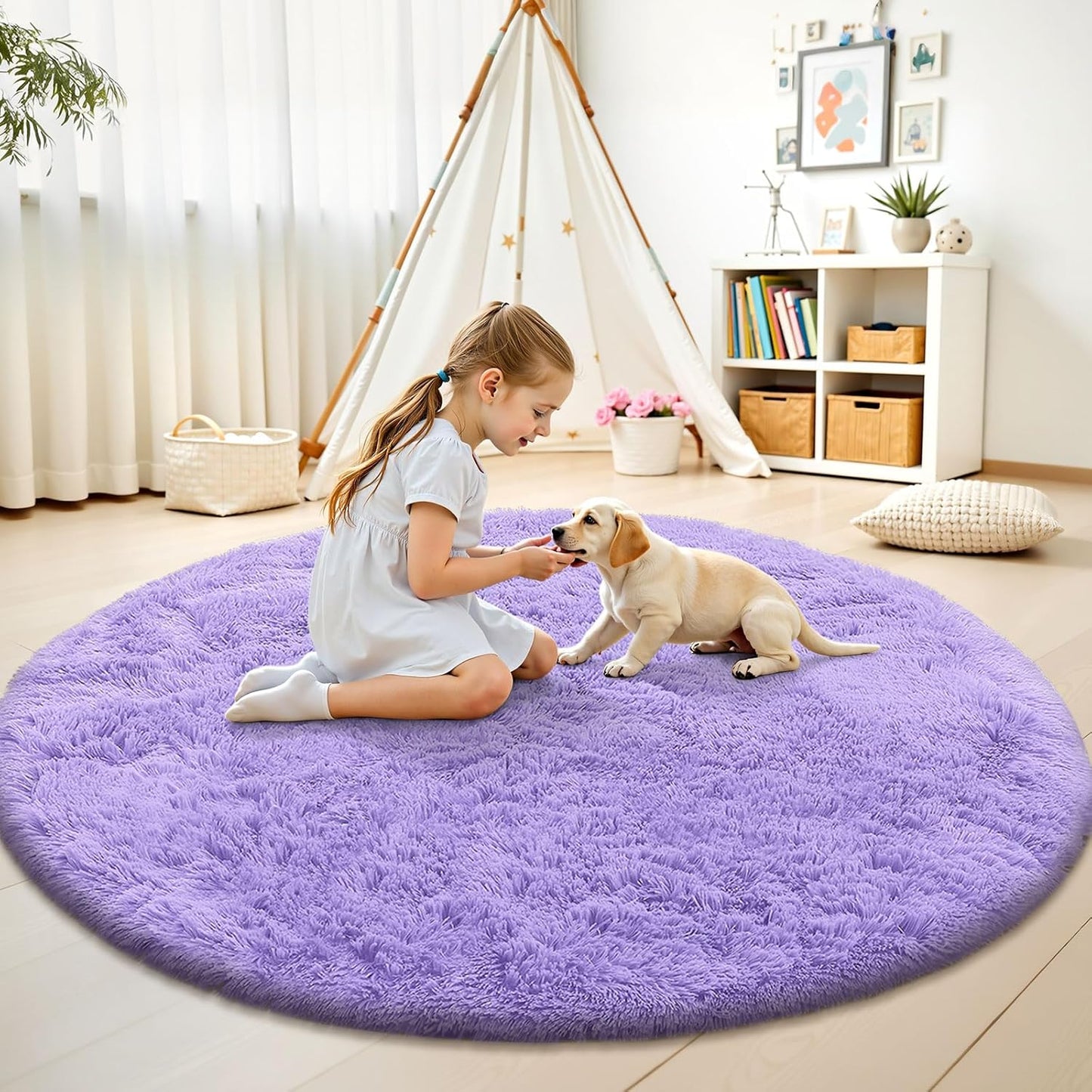 OLANLY Round Light Purple Area Rug - Soft, Fluffy, Machine Washable 4 ft Carpet for Bedroom & Nursery Decor