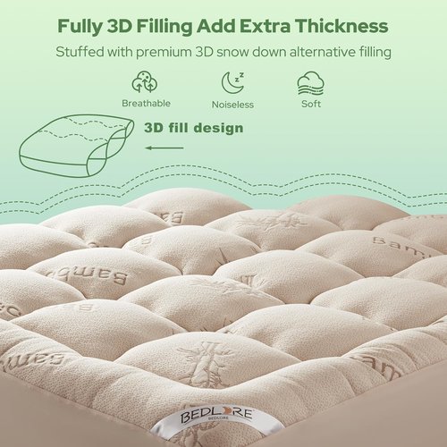 BEDLORE Full Size Mattress Topper - Thick Bamboo Viscose Pillow Top for 6"-15" Mattresses | Breathable Comfort & Back Pain Relief (Beige)