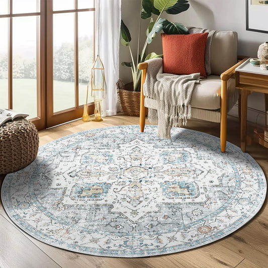 jinchan Round Rug 5ft Area Rug - Machine Washable 5'Circle Vintage Floral Non-Slip with Rubber Backing Ultra-Thin Low-Pile Carpet for Bedroom Living Room Dining Room Entryway (5'Round,Grey/Blue)