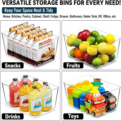 Clear Storage Bins - 12 Pack Large Plastic Organizers with Handles & Labels for Home, Kitchen, Bathroom