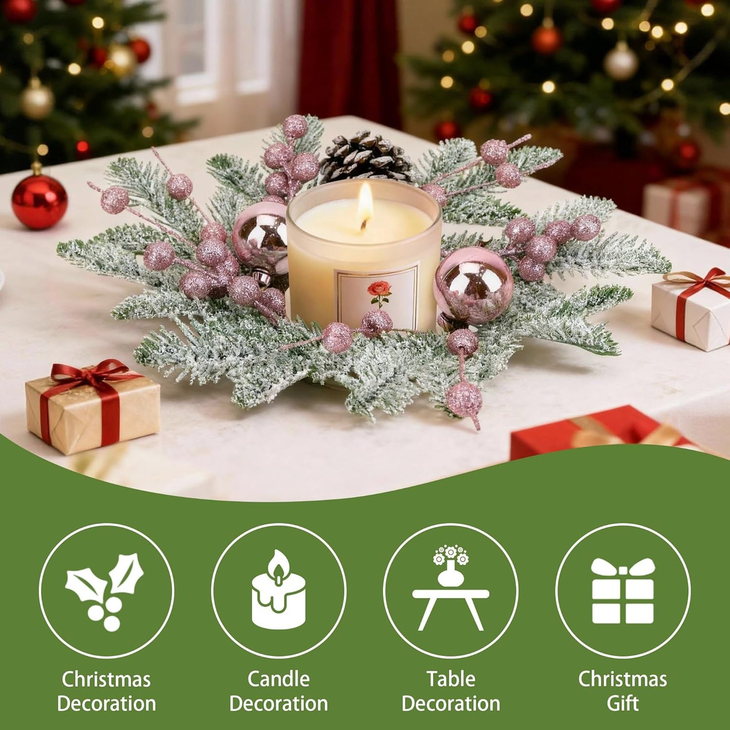 Pink Christmas Candle Rings by [Brand Name] - 8-Inch Wreaths with Pine Cones, Berries & Pine Needles for Festive Table Decor
