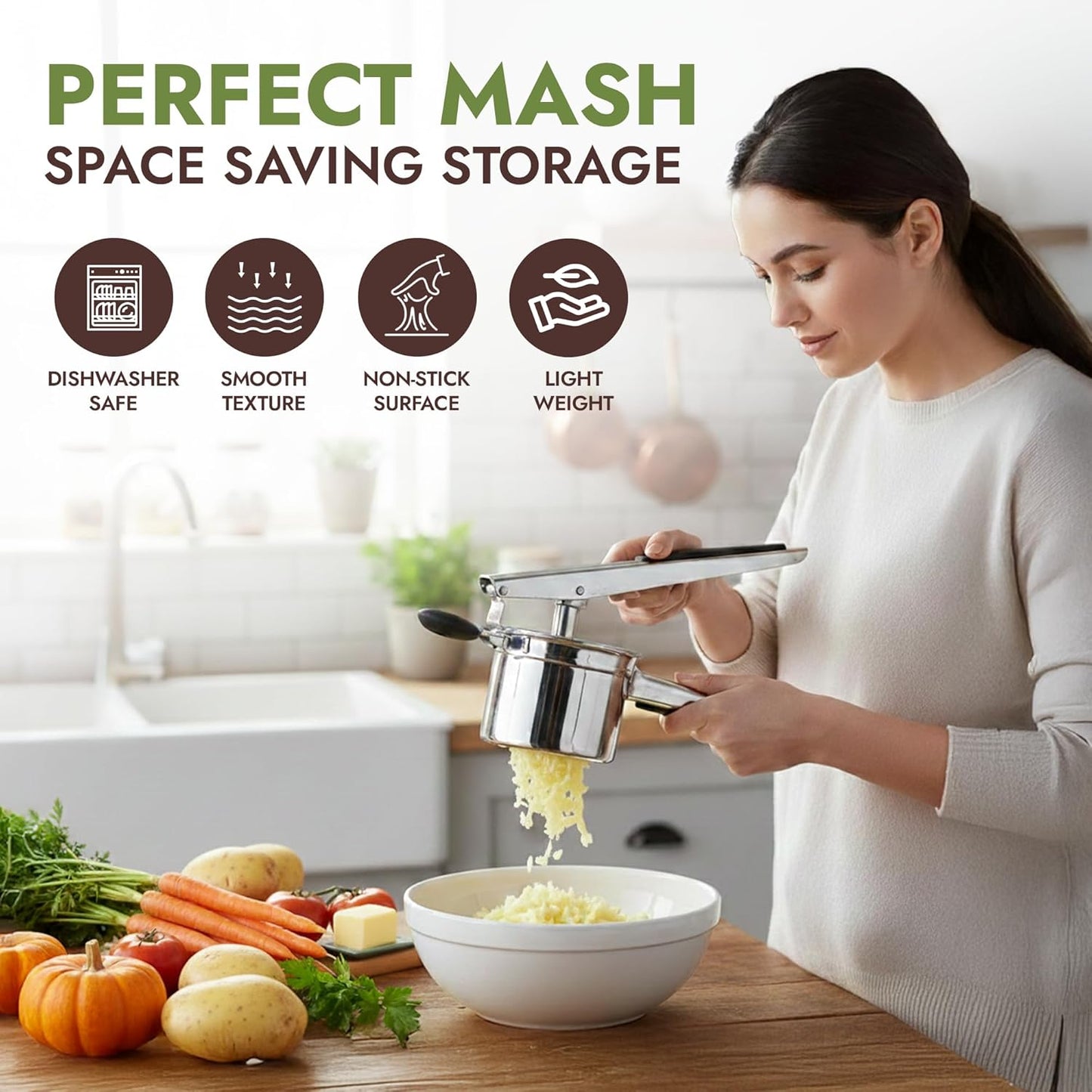 Skiennix 15oz Potato Ricer - Heavy Duty Stainless Steel Masher with 3 Discs | Non-Slip Baby Food Squeezer
