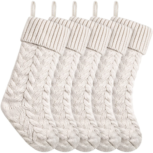 18 Inches Christmas Stockings Knit Xmas Stockings Large Fireplace Hanging Stockings for Family Christmas Decoration (Ivory, 5)