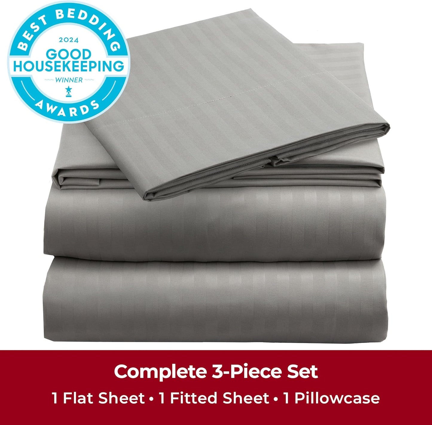 Mellanni Twin XL Sheets Set - 3 PC Hotel Luxury Bedding - Extra Soft, Cooling, Wrinkle Resistant | Striped Gray/Silver