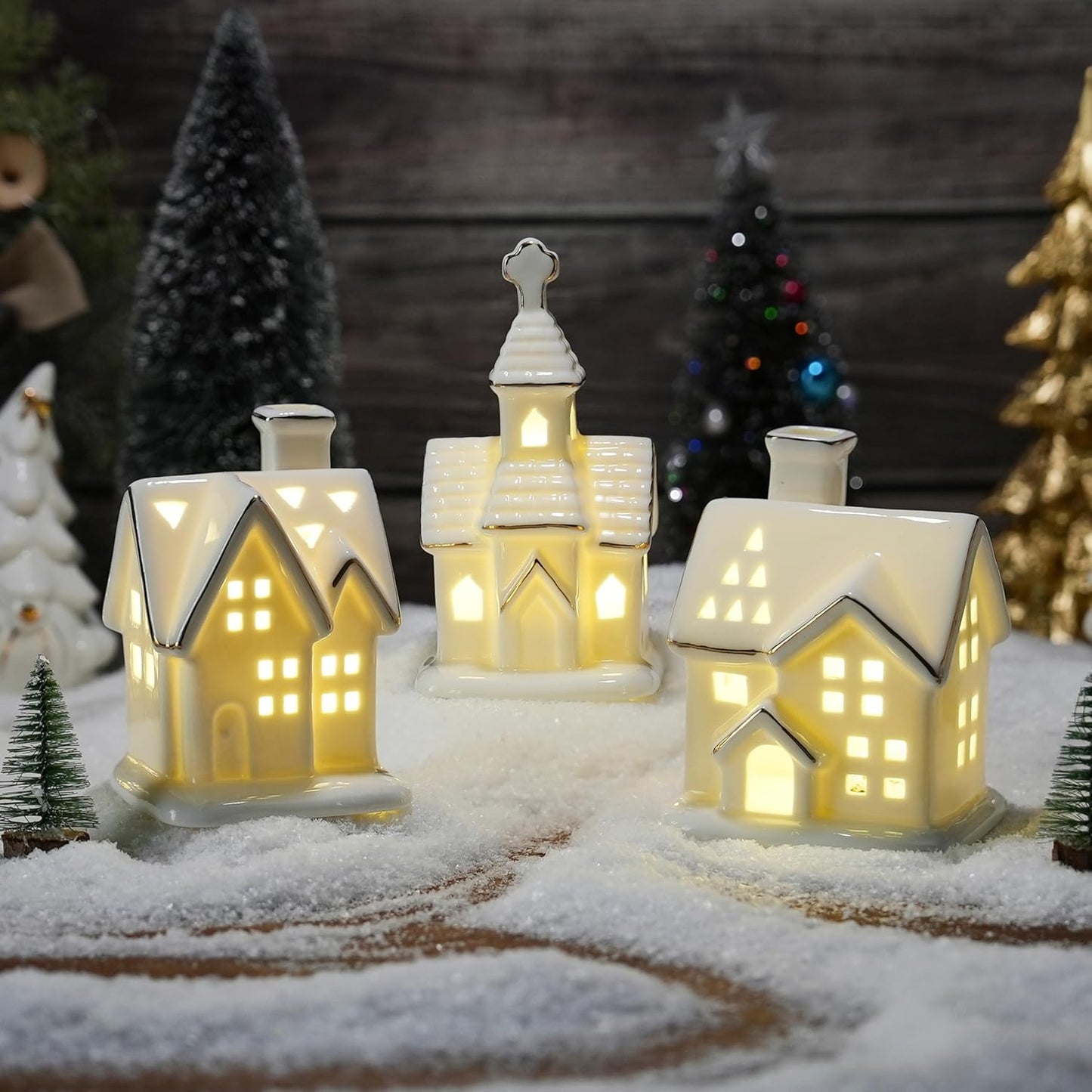 Regine Switzerland White Christmas Village Houses - 3Pcs Glazed Ceramic Set with Trees | Light Up Holiday Decor