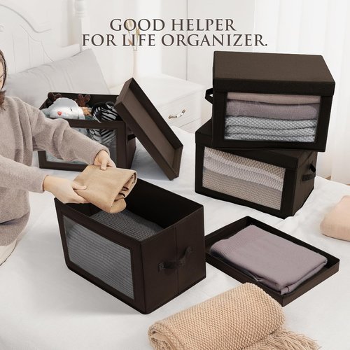 Homsorout Brown Fabric Storage Bins - 6 Pack Modern Lidded Bins, 14 Inch for Clothes & Office Supplies