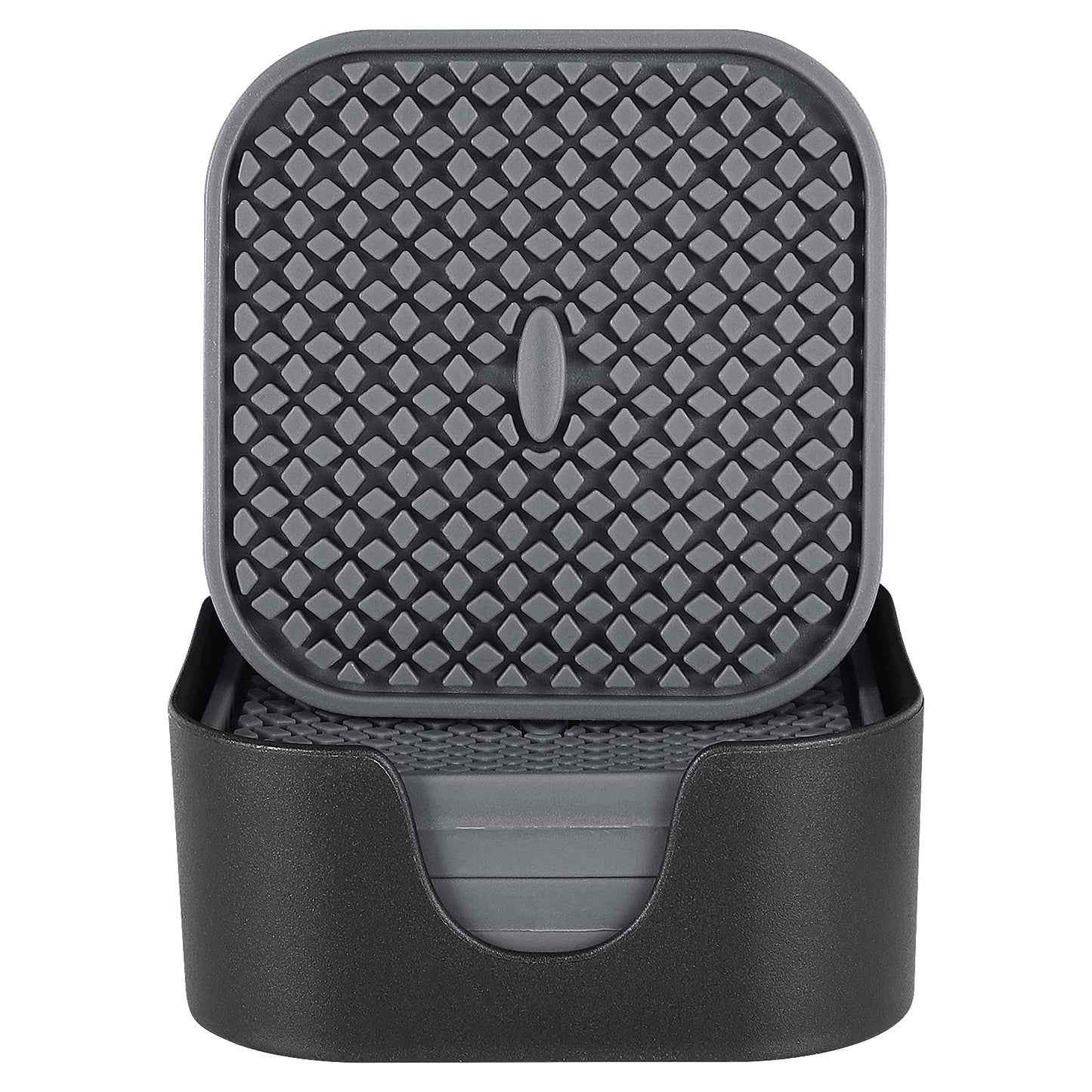 ME.FAN Silicone Coasters with Holder [6 Pack] Square Drink Cup Mat - Non-Slip, Non-stick, Stay Put, Deep Tray - Prevents Furniture and Tabletop Damages Deep Gray
