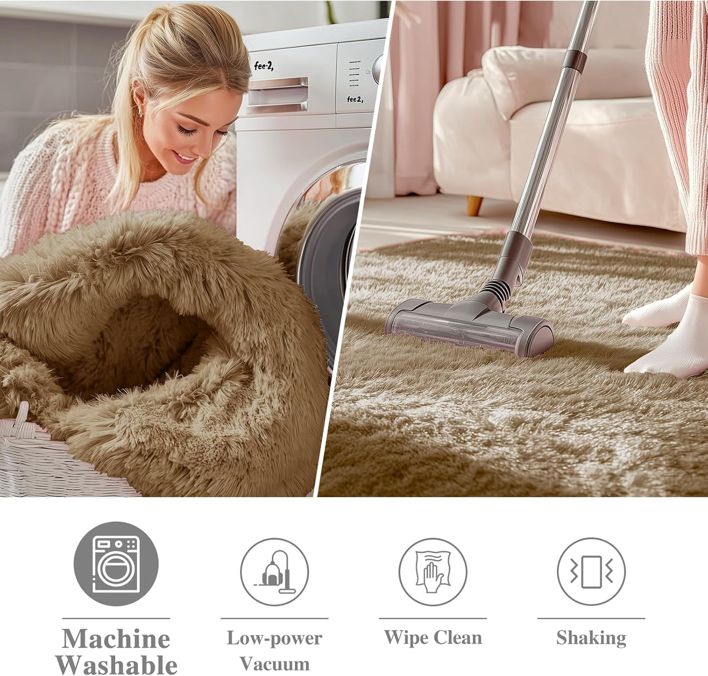 OLANLY Round Area Rug - Soft Taupe Shaggy Carpet, Machine Washable, 4 ft Circle for Bedroom & Living Room