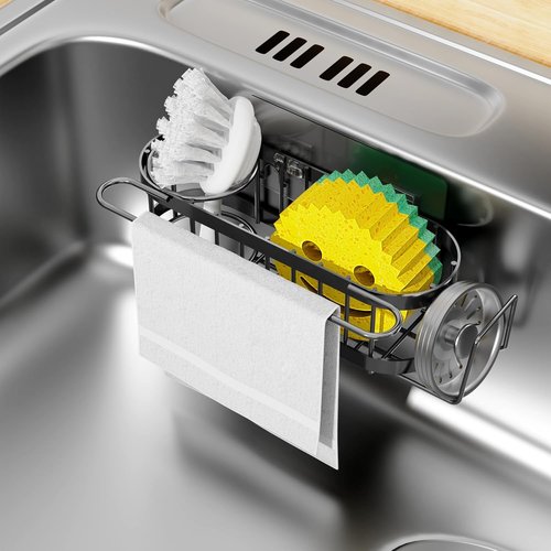 Cisily Kitchen Sink Caddy - Stainless Steel Organizer with Sponge Holder & Dish Cloth Hanger | 2 Installation Options