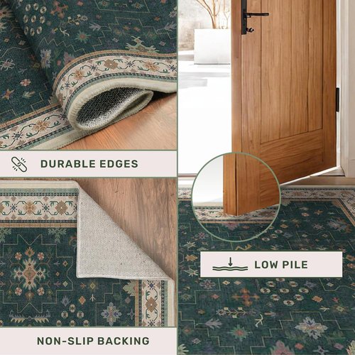 Hazo Haus Dark Green Oushak Area Rug - Modern Vintage Boho Floral Design, 10x14 Washable Non-Slip