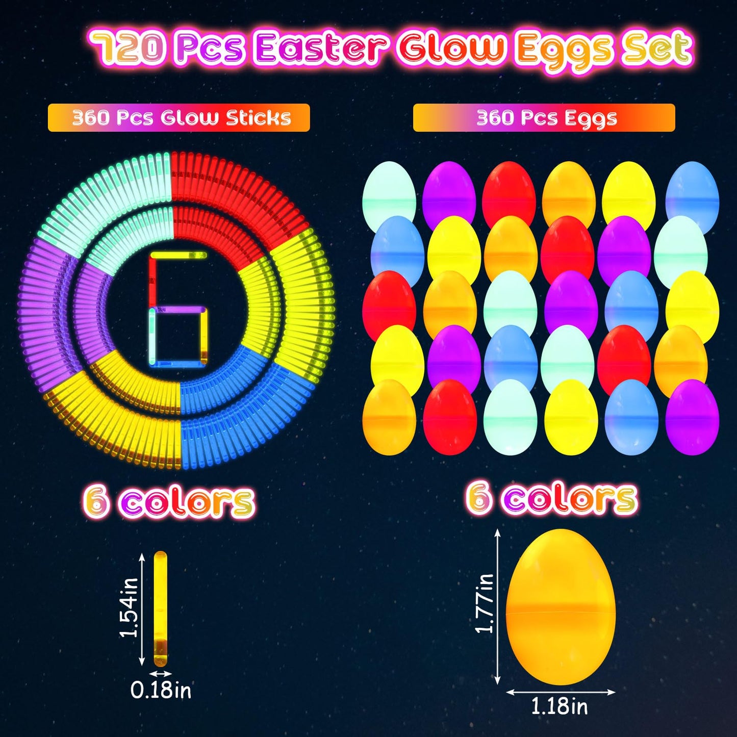 PullCrease 720 Pieces Easter 1.77 Inch Glow in The Dark Eggs Bulk Include 360 Pcs Mini Easter Glow Eggs with 360 Pcs Mini Sticks Basket Stuffers for Night Egg Hunt Party Supplies(Multicolor)