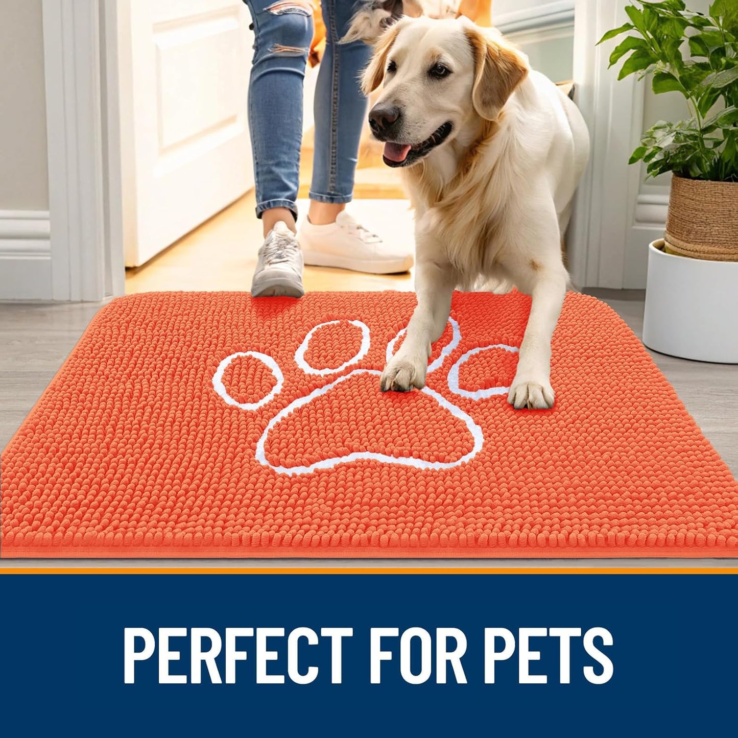 OLANLY Dog Door Mat - Absorbent Non-Slip Muddy Paws Design | Quick Dry Chenille 30x20 Coral