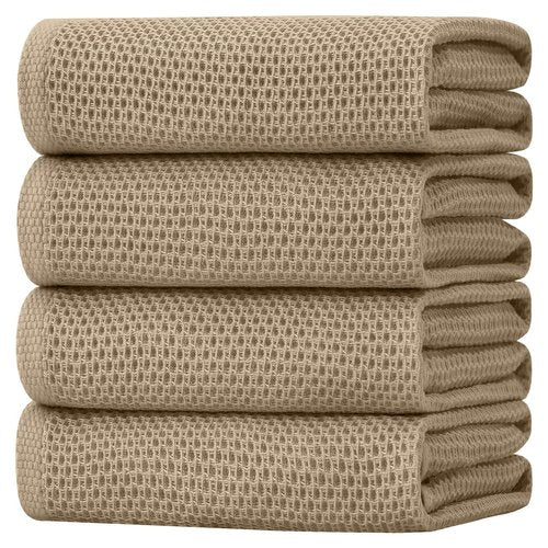 Homaxy 100% Cotton Waffle Weave Kitchen Dish Towels, Ultra Soft Absorbent Quick Drying Cleaning Towel, 20x28 Inches, 4-Pack, Tan