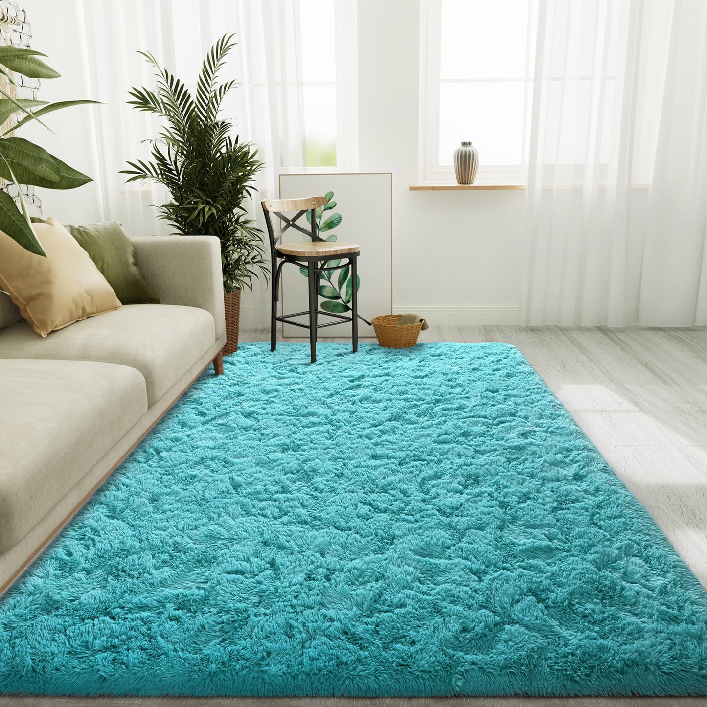 LOCHAS Ultra Soft Indoor Modern Area Rugs Fluffy Living Room Carpets for Children Bedroom Home Decor Nursery Rug 5.3x7.5 Feet, Teal Blue