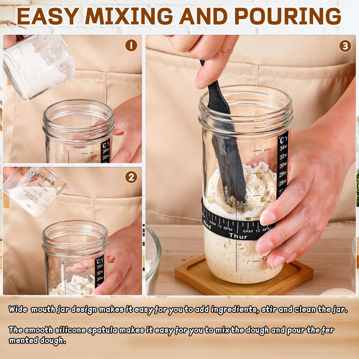 Sourdough Bread Baking Supplies,24 oz Sourdough Starter Jar Glass, Sourdough Starter Kit with Date Marked Feeding Band, Thermometer, Silicone Scraper, Sewn Cloth Cover & Aluminum Lid, Sourdough Jar