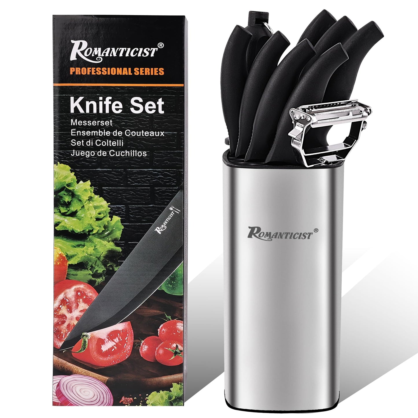 ROMANTICIST Kitchen Knife Sets, 10PCS High Carbon Stainless Steel Knife Sets with Block, Black Knife Block Set, Knives Set for Kitchen with Anti-slip Handle, Exquisite Knives Set New Home Essentials