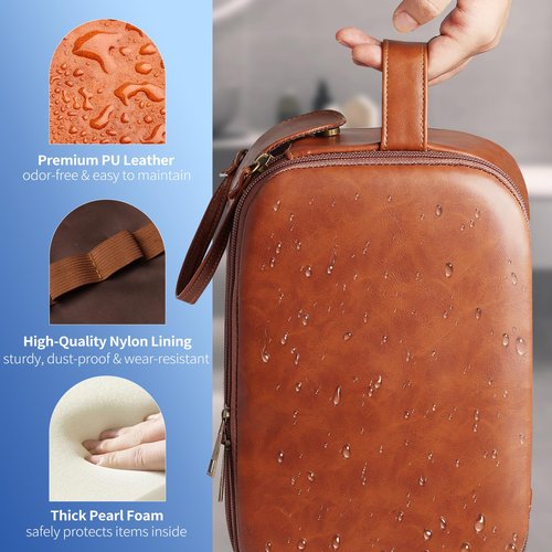HOTOR Travel Toiletry Bag - Water Resistant Travel Essentials for Women and Men, Compact Leather Toiletries Organizer with Handle, Versatile Cruise Ship Essentials, Brown, Medium