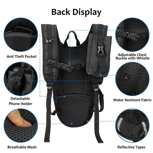DEVONWIDE Lightweight Hydration Backpack 2L Water Bladder Pack - Black | Water Backpack for Running, Cycling, Hiking | Anti-Theft, Reflective, with Phone Holder & Trekking Pole Loops
