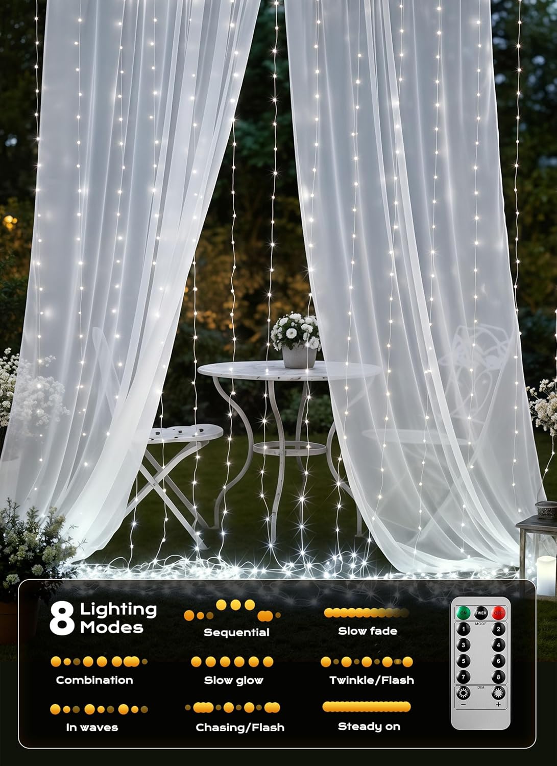 Brightown Curtain String Lights - Waterproof Fairy Lights with Remote | 300 LEDs, 8 Modes for Bedroom & Outdoor Decor
