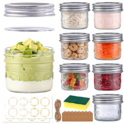 4 oz Glass Mason Jars with 18/8 Stainless Steel Lids, 8-Pack Small Canning Jars with Embossed Pattern, Mini Glass jars for Jams, Jelly, Honey, Spices, Desserts, Wedding Favors and Gift Packaging